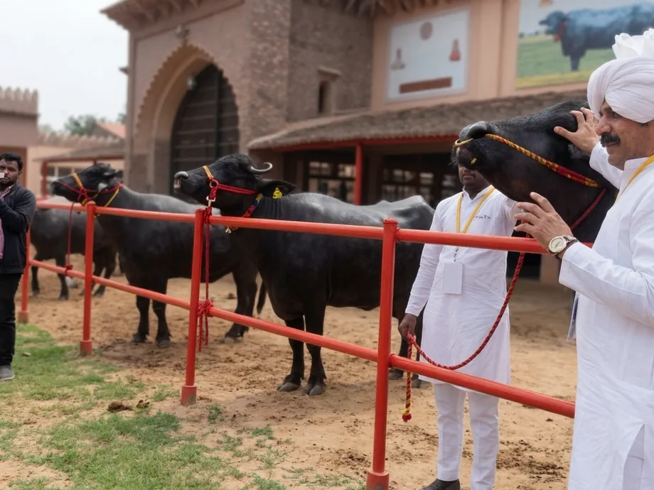 A man in a white turban presenting a row of black Murrah buffaloes to visitors while a videographer films