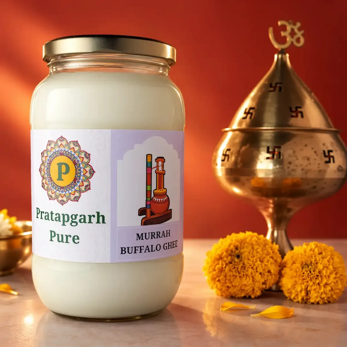 A jar of Pratapgarh Pure Murrah buffalo ghee, white in the glass