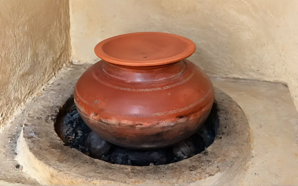 Whole milk boiling in a clay pot on the wood chulha