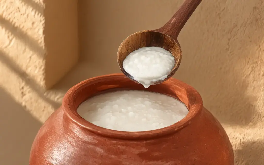 Curd poured from a wooden ladle into a clay matka