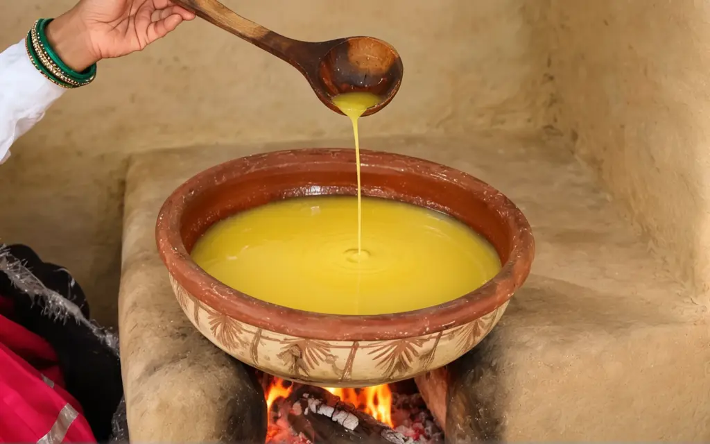 Ghee poured from a wooden ladle as it clears over the flame