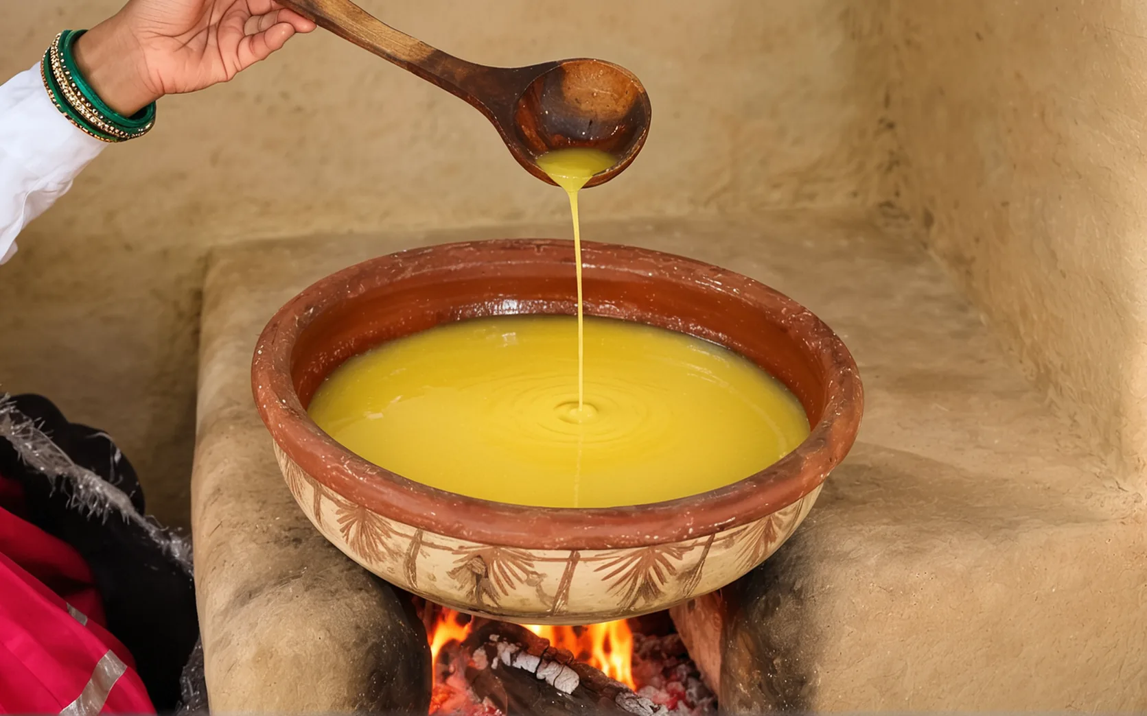 Ghee simmering, the milk solids browning in the pan